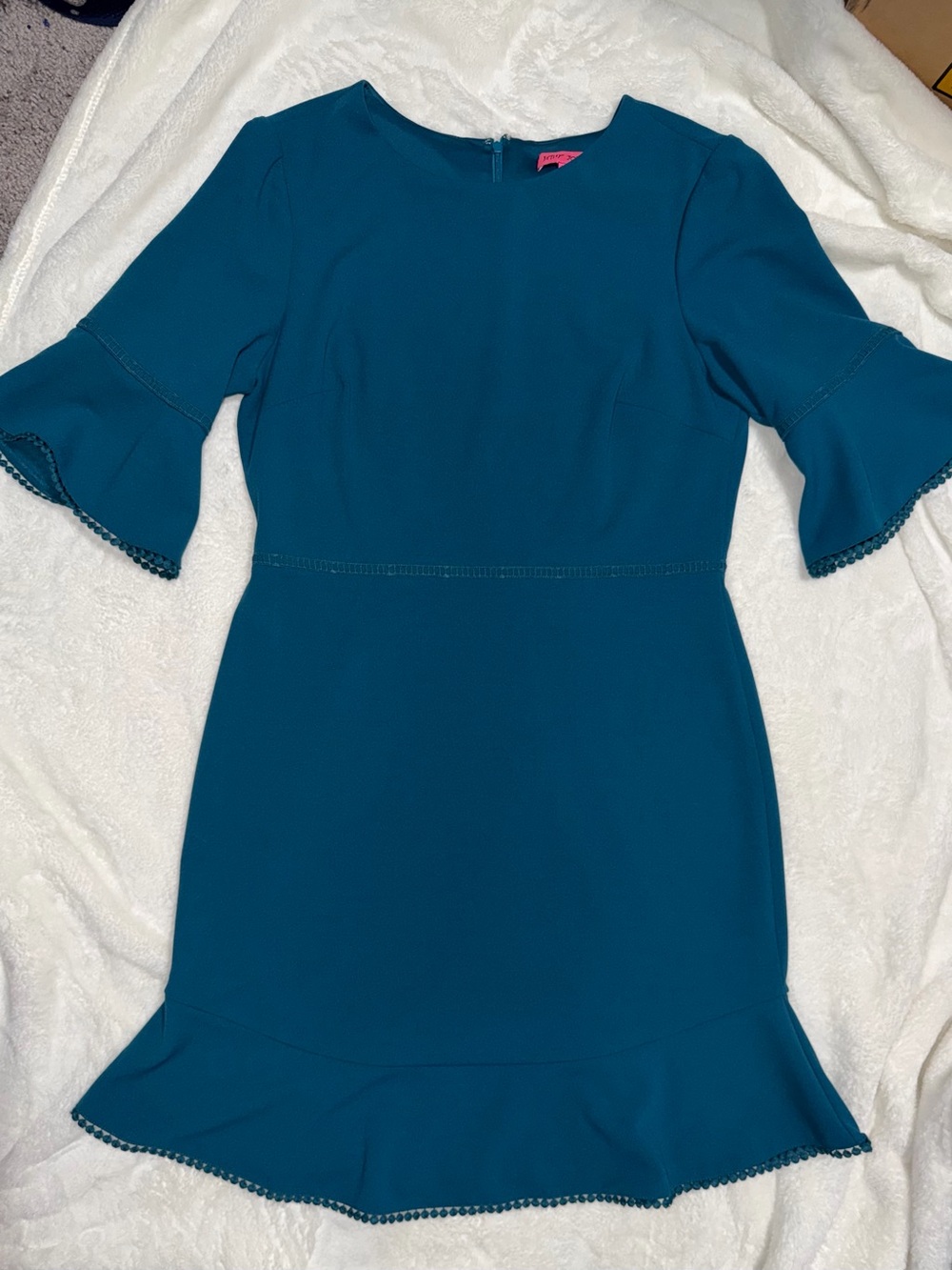 Betsey Johnson Teal Bell Sleeve Flounce Hem Crepe Dress